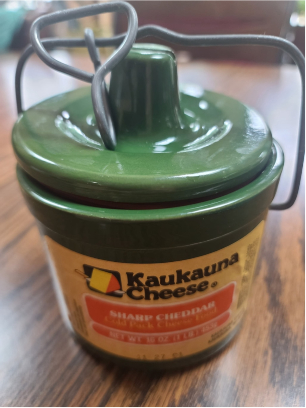 Vtg 1991 Kaukauna Cheese Crock Green Stoneware 16oz Wire Bail Lid